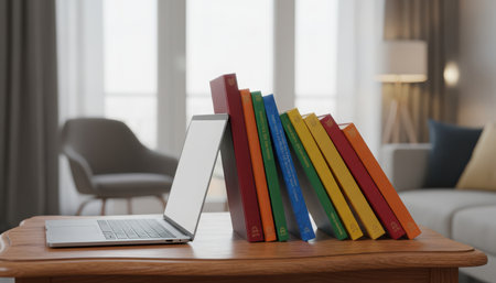 A vibrant collection of colorful books, appearing as binders or folders, is neatly arranged leaning against each other on a polished wooden coffee table. Beside them, an open silver laptop sits, its screen softly glowing. The scene is set in a comfortable, sunlit home environment, possibly a living room or dedicated study area, with soft focus on the background revealing a window, a contemporary armchair, and a partial view of a sofa. This arrangement suggests a modern approach to education, remote work, organization, or personal development within a cozy, domestic setting. The warm tones of the wooden table contrast nicely with the varied hues of the books, creating an inviting atmosphere for productivity and learning.の素材