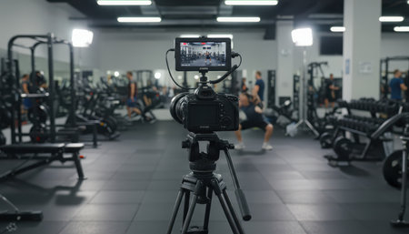 A professional camera mounted on a sturdy tripod is positioned in the foreground of a spacious, well-lit gym. The cameras monitor displays a person actively engaged in a workout session in the background, visible through the lens. The gym features an array of fitness equipment, including weight machines, benches, and dumbbells, set against a backdrop of mirrored walls and bright overhead fluorescent lighting. This scene depicts the process of filming or documenting a fitness routine or creating promotional material for health and wellness. The overall atmosphere emphasizes exercise, dedication, and the advanced facilities of a contemporary training establishment.の素材