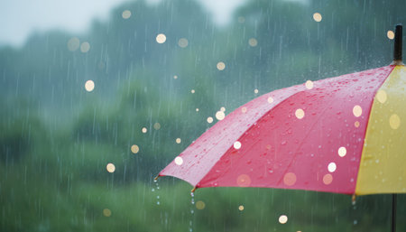 A close-up view captures a vibrant red and yellow umbrella amidst a heavy rainfall. Numerous individual raindrops are visible, some frozen in motion as they fall, others creating small splashes on the waterproof fabric of the umbrella. The background is a soft, out-of-focus expanse of green foliage, suggesting an outdoor natural environment like a garden or park during a wet period. The scene evokes the typical atmosphere of a monsoon season or a sudden downpour, highlighting the protective function of the umbrella and the beauty of natural weather phenomena.の素材