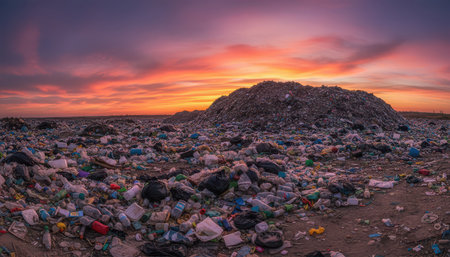 A wide-angle view captures an immense landfill stretching into the horizon, piled with countless pieces of discarded refuse. A colossal mountain of garbage dominates the background, testifying to extensive human consumption and waste generation. Above, a breathtaking sunset illuminates the sky with a vibrant array of orange, red, and purple hues, casting a striking contrast against the desolate scene below. This stark visual powerfully illustrates critical environmental challenges, including pollution, overconsumption, and the urgent need for sustainable waste solutions.の素材