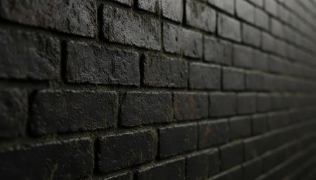 A detailed perspective of a dark brick wall, visibly wet from recent moisture. Streaks of water gently descend along the rough, weathered surface, enhancing the individual texture and character of each black brick. The deep, somber tones of the brickwork create a gritty and atmospheric visual. The wall recedes into the background, providing a sense of depth and an expansive textural element. This scene is ideal for use as a background, overlay, or to evoke urban, raw, or moody aesthetics.の素材