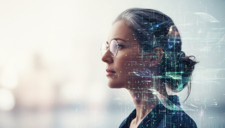 A thoughtful woman in profile wearing glasses, her head digitally overlaid with a complex network of glowing dots, lines, and a global representation. This visual fusion symbolizes artificial intelligence, data processing, innovation, and technological advancement, set against a softly blurred, bright background.の素材