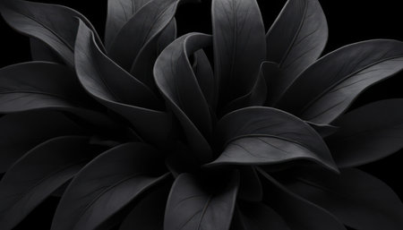 A close-up, monochromatic photograph of a plant featuring broad, dark gray to black leaves with visible texture and subtle details. Small water droplets are scattered across some leaf surfaces, adding subtle highlights. The plant is set against a pure black background, creating a stark contrast and emphasizing the organic forms. The composition creates a dramatic and minimalist aesthetic, highlighting the natural patterns and contours of the foliage.の素材