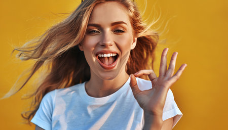 A cheerful young Caucasian woman with long, wavy blonde hair is captured mid-laugh or smile. Her mouth is open, revealing teeth, and her eyes are bright. Her hair flows dynamically around her head, possibly from wind or movement. She wears a plain white t-shirt. Her right hand is raised, forming the "OK" sign with her thumb and forefinger, while the other fingers are extended. The background is a vibrant, solid yellow, providing a cheerful contrast. The overall impression is one of approval, success, happiness, and positivity.の素材