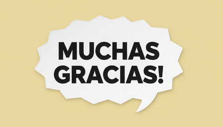 A graphic illustration featuring the Spanish phrase Muchas Gracias (meaning Thank You) rendered in bold, dark typography. The text is contained within a dynamically shaped, white speech bubble, which has a subtle crumpled paper texture. The speech bubble casts a soft shadow, suggesting depth against a plain, warm beige or light brown background. This design element is suitable for conveying gratitude, appreciation, or as a confirmation message in various digital and print applications.の素材