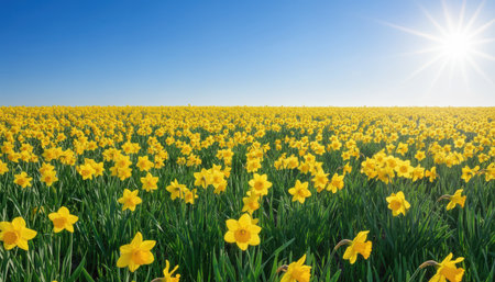 A wide-angle view of a field filled with countless yellow daffodils. The vibrant green stems and leaves create a lush base for the bright yellow blossoms that stretch into the distance. Above, a clear, brilliant blue sky with a radiant sunburst in the upper right corner, casting a warm glow over the entire scene. The perspective is slightly low, looking across the tops of the flowers towards the horizon.の素材