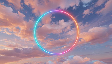 A captivating circular light element is prominently featured against a soft, colorful sky filled with scattered cumulus clouds. The ring displays a smooth gradient of bright, vibrant colors, transitioning from cool blues and turquoises on one side to warm oranges, pinks, and purples on the opposite. This glowing geometric shape stands out vividly against the backdrop of a serene sky, which is painted with a palette of pastel hues, suggesting either dawn or dusk. The clouds are fluffy and soft, creating a peaceful and ethereal atmosphere. The overall composition blends modern artistry with natural beauty, offering a sense of wonder and contemporary aesthetic. The dynamic glow of the circle suggests energy, connection, or a portal, providing a striking contrast with the calming natural environment.の素材