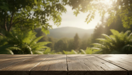 The scene depicts a rustic, weathered wooden table surface positioned prominently in the foreground, perfect for product placement or textual content. The suns warm, golden light creates a captivating glow across its textured planks, highlighting the natural grain. In the background, a vibrant and lush green forest unfolds, showcasing dense foliage and rich biodiversity. Distant mountains or hills rise gently, partly veiled by a soft, ethereal mist, enhancing the natural depth. Golden sunbeams pierce through the tree canopy, illuminating the leaves and casting a serene, almost magical atmosphere. The overall composition conveys tranquility and natural beauty, making it an ideal backdrop for themes of nature, outdoor living, and environmental concepts. The bright, natural illumination provides a welcoming and refreshing ambiance.の素材