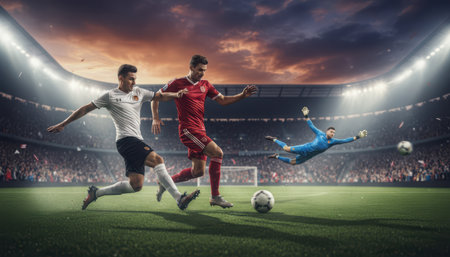 This intense scene captures a professional soccer match under stadium lights against a dramatic evening sky. Two field players are actively engaged with the soccer ball on a vibrant green pitch; one player in a white uniform dribbles while another in red challenges. A third player, dressed in a blue uniform, is seen making a spectacular aerial save or block. The background features a large stadium filled with spectators, enhancing the competitive atmosphere of the game.の素材