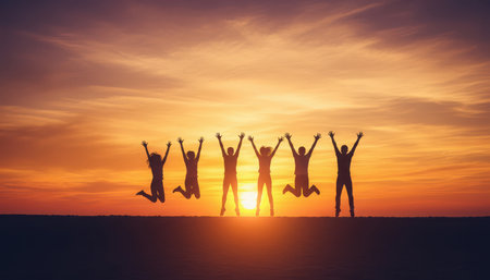 Six people are silhouetted against a breathtaking golden and orange sunset or sunrise. They are captured in mid-air, jumping together with their arms outstretched and hands seemingly connected, symbolizing unity and shared triumph. The vibrant sky creates a dramatic and inspiring backdrop, emphasizing the moment of joy, freedom, and collective accomplishment.の素材