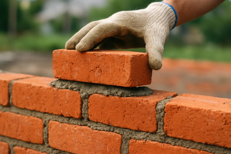 A close-up view captures a gloved hand carefully placing a red clay brick onto a layer of fresh mortar, forming part of a new masonry wall. This represents ongoing construction work outdoors.の素材