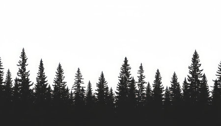A minimalist graphic depicting a dense forest in silhouette. Black evergreen trees, varying in height, form a dark horizon line against a pristine white background. This stark contrast emphasizes the natural outline of a wilderness landscape, suitable for various design applications.の素材
