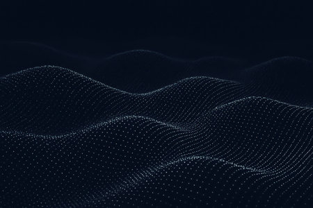 A dark, deep blue background is filled with countless small, shimmering white points of light, creating a sparkling, wavy pattern. This abstract scene evokes the appearance of distant urban illumination reflecting on a nocturnal water surface or a bokeh-like effect.の素材