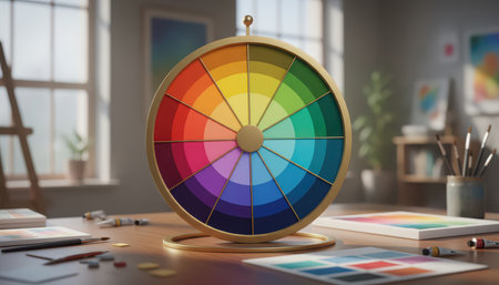 A vibrant and detailed color wheel stands prominently on a wooden desk in a well-lit art studio. The wheel showcases a full spectrum of hues, arranged in a circular pattern, ready for artistic exploration. In the background, natural light streams through a large window, illuminating an easel and various art supplies. The foreground features paint tubes, brushes, and colorful swatches, indicating a creative and inspiring workspace dedicated to painting and design.の素材