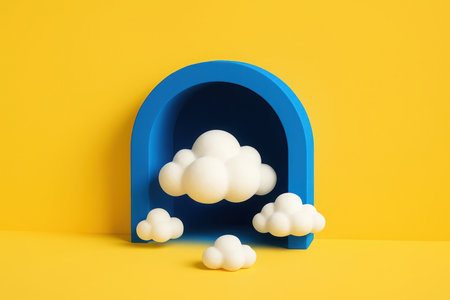 Fluffy white cloud miniatures float around a vibrant blue archway set against a bright yellow background, creating a whimsical and imaginative concept.の素材