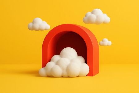 A vibrant digital illustration showcasing a red semicircular archway with fluffy white cloud shapes emerging from it. Additional clouds float above on a bright yellow background, conveying a sense of imagination and lightness.の素材