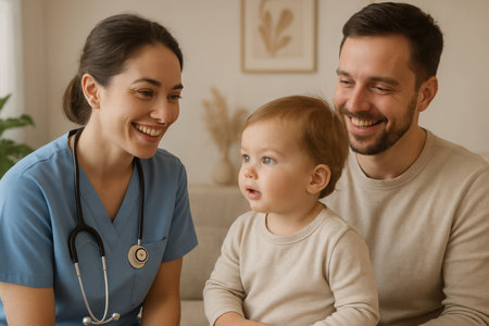 A compassionate medical professional, wearing blue scrubs and a stethoscope, smiles warmly while engaging with a baby during a health check-up. A caring parent, a man with a neatly trimmed beard, holds the infant, observing the interaction with a gentle smile. The baby, dressed in light-toned clothing, looks attentively to the side, participating in the scene. The setting appears to be a clean, modern indoor environment, possibly a clinic or home, emphasizing professional care and family wellness during a routine pediatric examination or consultation.の素材