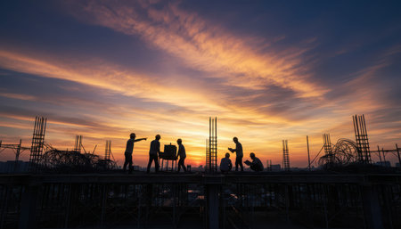 A group of industrial workers are silhouetted against a vibrant and dramatic sunset sky. They appear to be engaged in collaborative work or setting up equipment in an open field during twilight. The sky displays brilliant shades of orange, purple, and blue with striking clouds, creating a powerful atmosphere.の素材