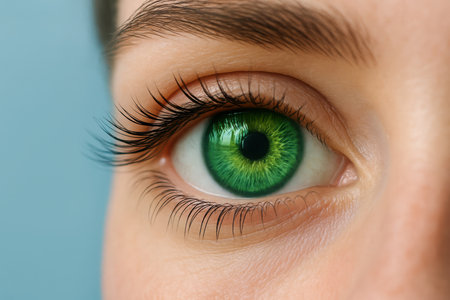 A macro view captures the intricate details of a human eye, featuring a remarkably vibrant green iris with a dark pupil at its center. Long, dark eyelashes frame the eye, highlighting its intensity. The skin around the eye is subtly visible, set against a smooth, out-of-focus light blue background.の素材