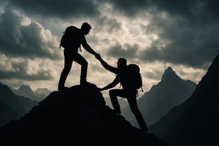 A powerful silhouette depicts two climbers on a rugged mountain peak, one extending a helping hand to assist their partners ascent. A dramatic, overcast sky creates an intense backdrop, emphasizing themes of teamwork, resilience, and adventure.の素材
