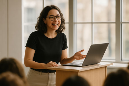 A cheerful young woman, wearing glasses and a dark shirt, stands at a wooden podium, enthusiastically giving a presentation. She is gesturing with her right hand, smiling broadly, and appears to be engaging an unseen audience. A laptop rests on the podium beside her. The background features a large window with multiple panes, and out-of-focus individuals are visible in the foreground, indicating attendees at a lecture or conference.の素材