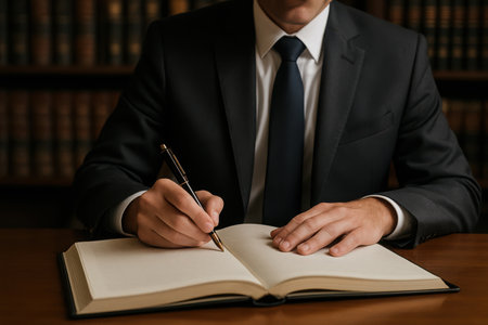 This close-up shot captures a professional person, dressed in a sharp dark suit and tie, diligently writing in an open book or journal with a pen. The hands are prominent, emphasizing the act of notation, documentation, or signing. The background is softly blurred, revealing the spines of numerous books on shelves, suggesting a library, law office, or academic study environment. The lighting is warm and subdued, creating a serious and focused atmosphere. This visual represents concepts such as legal work, business administration, executive planning, education, research, contract drafting, or important record-keeping. It evokes themes of diligence, intellect, precision, and professional responsibility.の素材