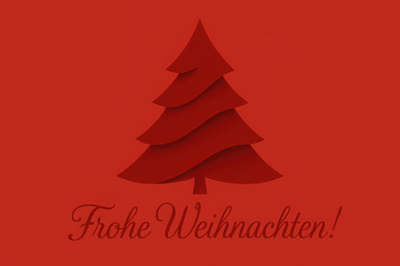 A vibrant graphic illustration showcasing a stylized Christmas tree rendered in a slightly darker shade of red, set against a deep red textured background. Below the tree, the German phrase Frohe Weihnachten! (Merry Christmas!) is elegantly scripted in a festive font. This minimalist yet striking composition embodies the holiday season, ideal for seasonal greetings, winter celebrations, and various graphic design applications. The monochromatic palette provides a contemporary, sophisticated feel.の素材