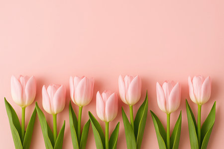 An inviting overhead view showcasing a neat row of delicate pink tulip blossoms positioned along the bottom edge of a smooth, uniform light pink background. Each tulip features soft, closed pink petals and vibrant green stems, creating a fresh and elegant floral display. The pastel pink backdrop provides ample negative space, making this composition highly versatile for greeting cards, invitations, web banners, or any design requiring text overlay. It beautifully evokes feelings of spring, femininity, and gentle celebration.の素材