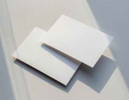 A close-up view of two pristine, blank white rectangular cards, gently overlapping on a light, neutral surface. The cards exhibit a subtle textured finish, adding depth and tactility. Soft, natural light casts intriguing shadows across the scene, creating distinct geometric patterns and emphasizing the clean, minimalist aesthetic. This arrangement is ideal for showcasing branding designs, business card mockups, invitation layouts, or as a versatile background element for various design projects. The pure white space offers ample room for custom content.の素材