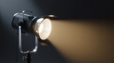 A professional studio spotlight casts a bright, warm golden beam of light against a dark, contrasting background. The detailed lighting fixture and visible radiant beam create a dramatic and focused illumination. This scene effectively conveys concepts of performance, presentation, focus, or highlighting a central element for various creative and media projects.の素材