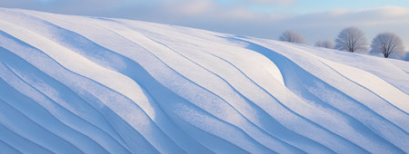 A serene winter landscape showcasing a field covered in fresh white snow. The snow has distinct parallel ridges, creating a textured pattern. The scene is illuminated by bright sunlight under a pale blue sky, with snow-dusted trees visible in the distance.の素材