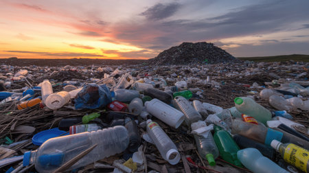 A large, sprawling area covered in discarded plastic items, mostly empty bottles, creating a desolate landscape. In the background, a massive pile of trash rises against an atmospheric sky with warm sunset colors and dark clouds. This scene represents ecological damage and the urgent need for waste management.の素材