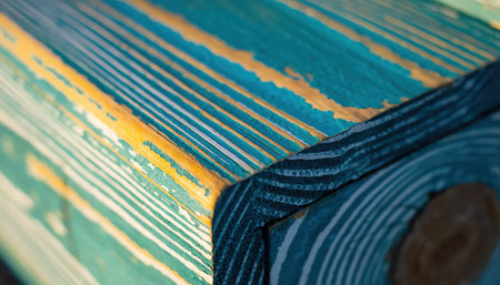 A close-up view of multiple rolls of textile material. The foreground features a tightly wound dark blue or teal roll. Behind it, a patterned surface displays horizontal stripes in shades of teal, blue, and golden yellow, creating a textured, woven appearance. The perspective emphasizes the parallel lines and material composition, suitable for backgrounds or design elements.の素材