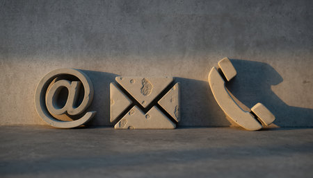 A close-up shot features three distinct communication symbols: an at symbol (@), an envelope, and a telephone receiver. Each symbol is crafted from a textured, rough material resembling concrete or stone, suggesting a rustic or industrial aesthetic. They are arranged horizontally on a similarly textured, grey surface, possibly a wall or ground. Strong directional lighting casts shadows, emphasizing the three-dimensional nature and rugged texture of the icons. This visual arrangement effectively represents various methods of connecting, encompassing both modern digital communication (email) and traditional methods (postal mail, phone call). The composition conveys themes of contact, connectivity, and accessibility for a variety of purposes.の素材