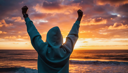A person, seen from behind and wearing a hooded top, stands on a tranquil beach with both arms outstretched and raised towards a beautiful sunset. The sky is a warm palette of orange, yellow, and red hues, reflecting softly on the calm ocean waters. The scene conveys feelings of accomplishment, victory, freedom, and profound happiness, perfect for concepts related to personal achievement, well-being, and aspirational moments.の素材