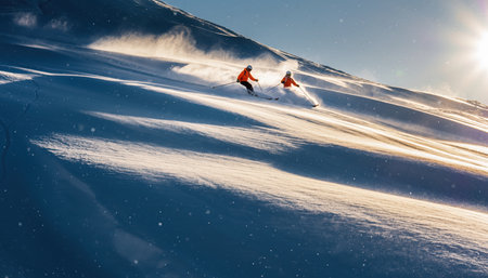 Two figures are seen ascending a snow-covered mountain slope under bright sunlight, with wind blowing glistening snow around them. The scene captures the challenging yet exhilarating experience of a winter mountain expedition, highlighting the vastness of the snowy landscape and the determined effort of the climbers.の素材