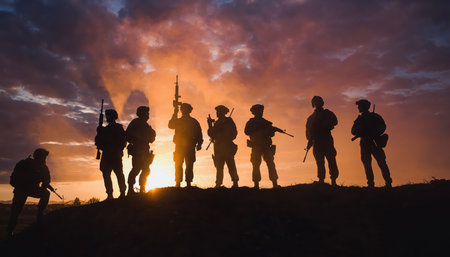 A group of armed forces personnel are depicted in silhouette against a vibrant, fiery sunset. Seven soldiers stand on a ridgeline, with one soldier crouching in the foreground, all holding tactical gear or firearms. The dramatic lighting emphasizes their determined posture, evoking themes of patriotism, courage, and collective defense. The horizon glows with warm orange and yellow hues, creating a powerful backdrop for the military presence.の素材