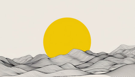 A minimalist illustration presents a bright yellow sun partially hidden by a dark, textured, wavy landform. The simple design on a cream background evokes a serene natural scene, like a sunrise or sunset.の素材