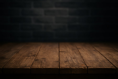 A rustic wooden table, illuminated in the foreground, extends towards a dark, blurred brick wall in the background. The rich brown planks of the table provide a textured surface, while the dimly lit brick wall offers a contrasting dark backdrop. This setting is perfect for displaying items or as a textured overlay.の素材