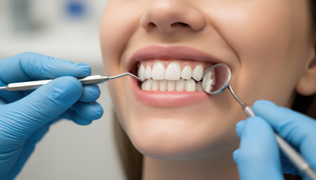 A close-up view of a cheerful young woman undergoing a professional dental examination. A dental practitioner, wearing sterile blue gloves, meticulously uses a small oral mirror and a dental probe to inspect her well-maintained, bright white teeth. The patient displays a wide, radiant smile, indicating comfort and satisfaction with her oral health care. This scene emphasizes preventive dental care, regular check-ups, and the importance of maintaining excellent oral hygiene for a healthy, confident smile.の素材