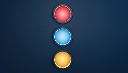 A digital graphic featuring three vertically arranged, glowing textured spheres on a deep blue background. The top orb is radiant red, the middle is luminous blue, and the bottom is vibrant orange. Each circular element displays a subtle surface pattern and emits a soft light, creating an abstract and modern visual effect. Ideal for digital art, web design, or conceptual presentations.の素材