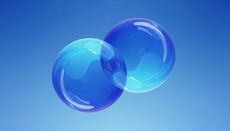Two luminous, translucent blue spheres appear intertwined against a gradient blue background. Their glossy surfaces reflect light, creating a sense of depth and fluidity, evoking themes of connection, science, or abstract design.の素材