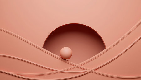 A minimalist, abstract composition featuring textured, undulating wave-like forms in a soft peach-pink color palette. A small, smooth sphere rests in the valley between two foreground waves. In the background, a large, semi-circular cutout or arch is visible against a flat peach surface, creating a sense of depth and geometric contrast. The scene has a serene, monochromatic aesthetic with sandy, granular textures throughout, emphasizing simplicity and modern design.の素材