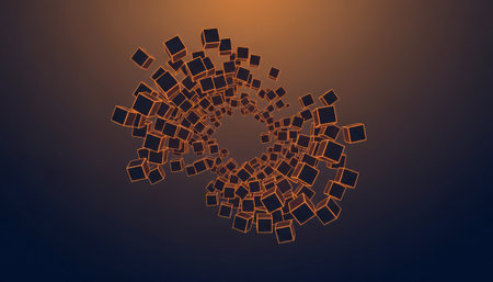 A captivating digital render features numerous small, illuminated golden cube particles meticulously arranged to form an infinity symbol. The composition rests against a dark, warm gradient backdrop, subtly lit from above, creating a sense of depth and endless possibility.の素材