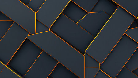 This contemporary abstract background features a complex pattern of interwoven, rectangular strips in a deep, dark grey or charcoal hue. The geometric shapes create a sense of depth and dimension, appearing to overlap and intersect in a seamless design. A subtle, luminous golden-bronze glow emanates from the edges where these elements meet, adding a touch of elegance and visual interest. The repetitive pattern provides a sophisticated and modern backdrop, suitable for various digital and print applications. The texture has a clean, smooth appearance, emphasizing the precise lines and subtle metallic details, evoking a sense of structure and luxury.の素材