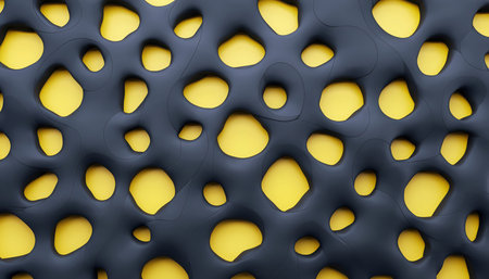 A close-up view of a dark, textured surface featuring numerous irregular, organically shaped holes. Beneath the dark layer, a bright, vibrant yellow color is visible, creating a striking contrast. The pattern suggests a porous material, a cellular structure, or a modern decorative design. This visual offers a unique background or element for various creative projects, emphasizing abstract and contemporary aesthetics. The arrangement of holes varies in size and shape, contributing to a dynamic and intriguing visual effect.の素材