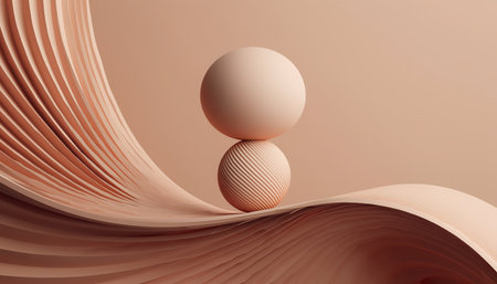 A balanced composition of a smooth sphere resting atop a textured, striped sphere, both positioned on an undulating, tactile surface. The scene features warm, earthy beige and brown tones, evoking harmony and stability.の素材