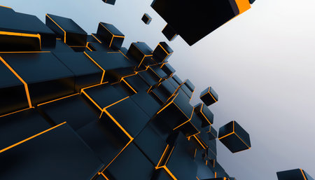 An abstract composition featuring dark, geometric cubes with glowing orange edges. Many cubes form a larger, fragmented structure, while others are dispersed, suggesting motion or deconstruction. This digital representation evokes concepts of data, technology, and connectivity against a light background.の素材