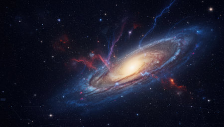 A captivating wide shot of a spiral galaxy set against a vast dark cosmic expanse filled with countless stars. The galaxy features a bright, warm-toned central core, surrounded by sweeping blue spiral arms studded with younger stars. Patches of reddish nebulae are visible within and around the galaxy's arms, indicating areas of gas and dust. This celestial scene evokes wonder and the grandeur of the universe, suitable for themes of science, astronomy, and exploration.の素材