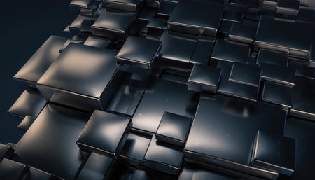 A close-up view of a dark metallic surface featuring an intricate pattern of overlapping square or rectangular elements. The reflective material creates subtle highlights, contributing to a modern, technological, and industrial aesthetic. The geometric arrangement suggests a futuristic structure or digital representation, perfect for contemporary design applications.の素材